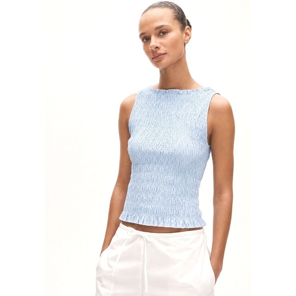 NEW J.Crew Smocked Sleeveless Boat Neck Top Sky Blue Size Medium Cottage Preppy